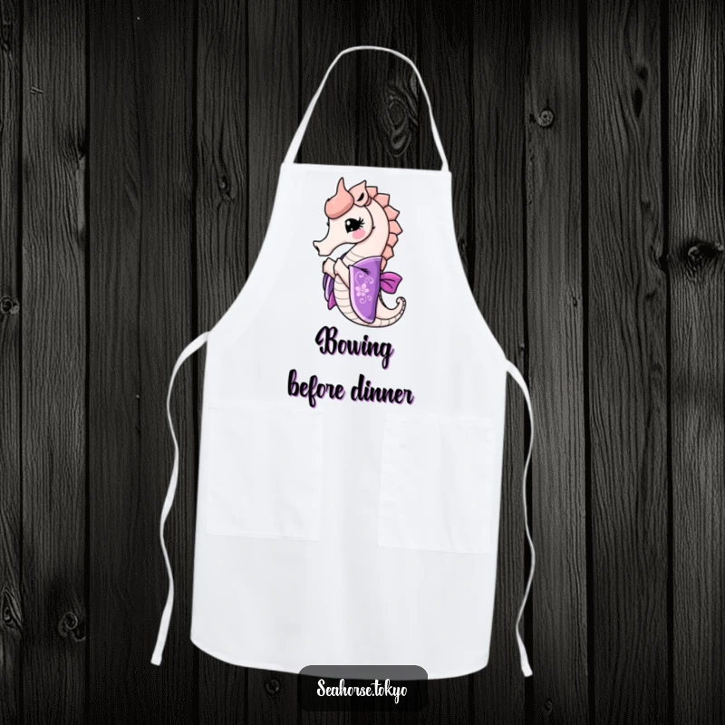 Funny seahorse in an ornate purple kimono bowing gracefully, making this apron an elegant and humorous kitchen accessory.