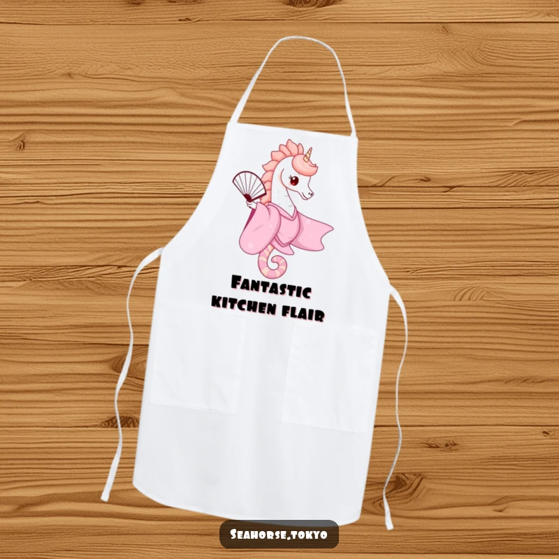 A cute apron featuring a seahorse in a pink kimono gracefully balancing a fan, perfect for cooks who appreciate elegance and charm.