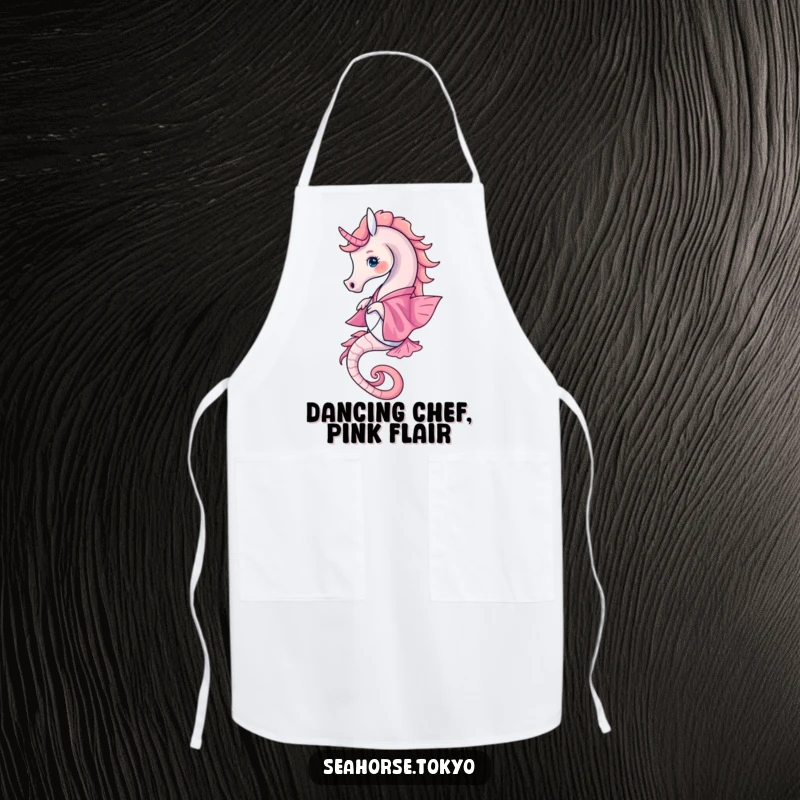 Funny Apron displaying a seahorse in a vibrant pink kimono gracefully twirling, adding elegance to kitchen tasks.