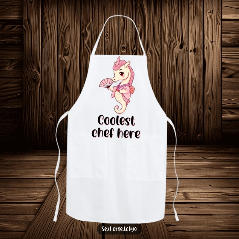 Funny Apron with a tiny seahorse in a pink kimono, playfully waving a small fan, for kitchen duty.
