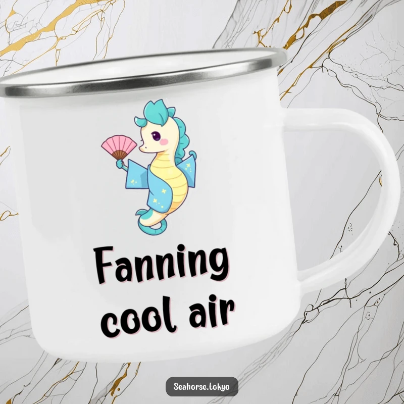 Funny Camping Mug featuring a seahorse in a blue kimono playfully waving a fan, perfect for outdoor enjoyment.