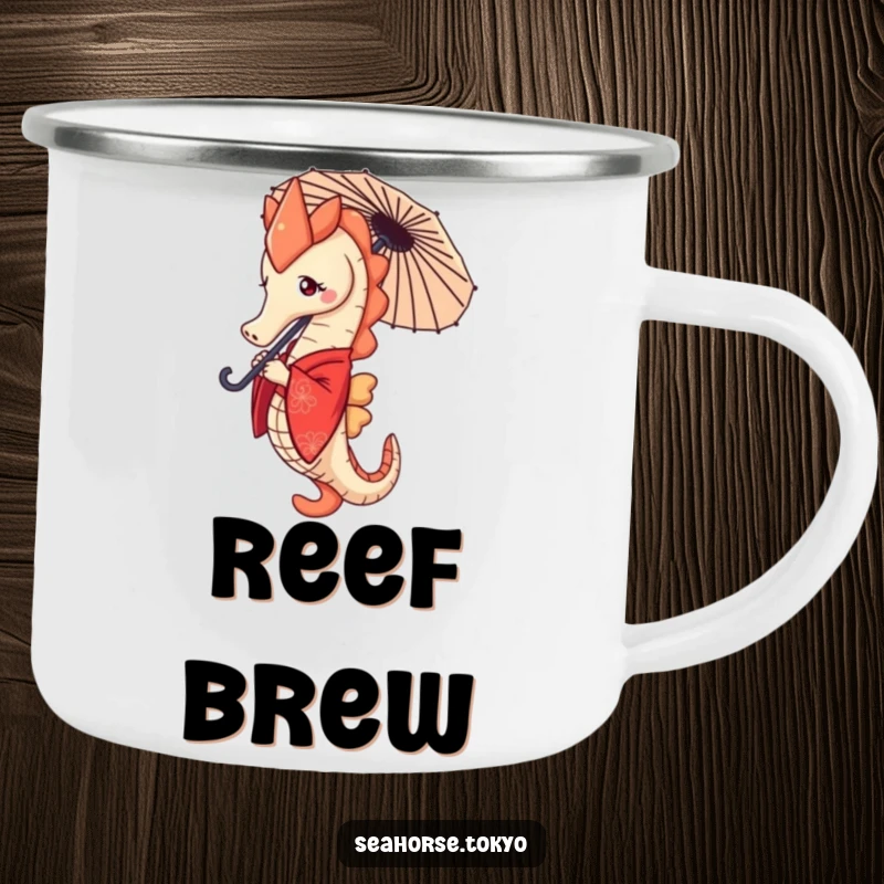 Funny seahorse in a red kimono, holding a tiny parasol, looking determined, perfect for camping mugs.