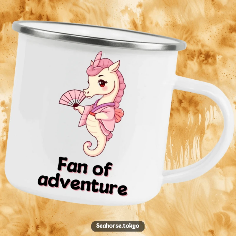 Funny Camping Mug with a tiny seahorse in a pink kimono, playfully waving a small fan, for outdoor use.