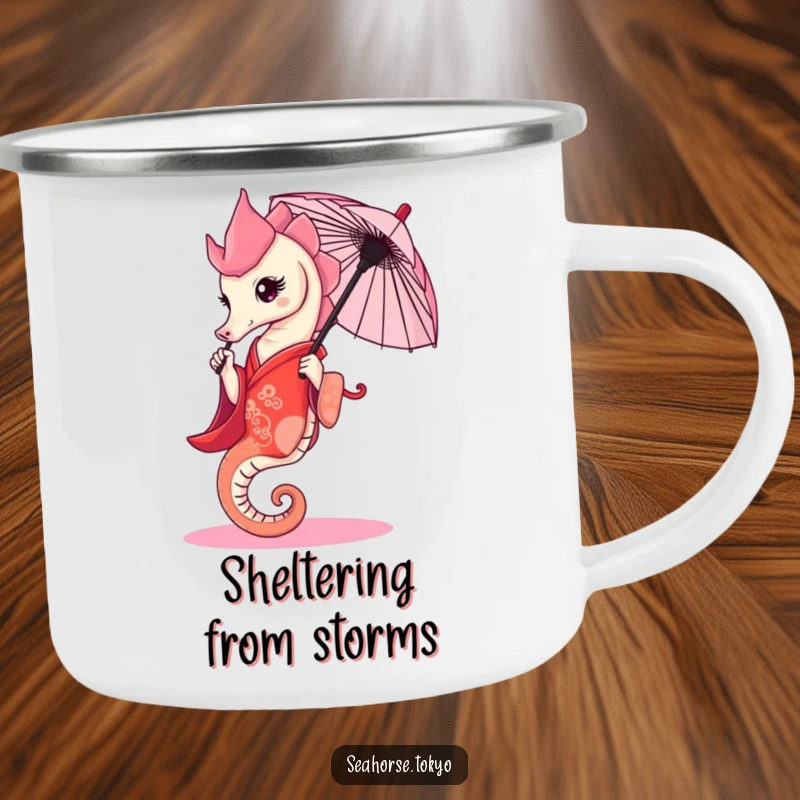 Funny Camping Mug with a graceful seahorse in a red kimono, elegantly holding a tiny umbrella, for outdoor use.