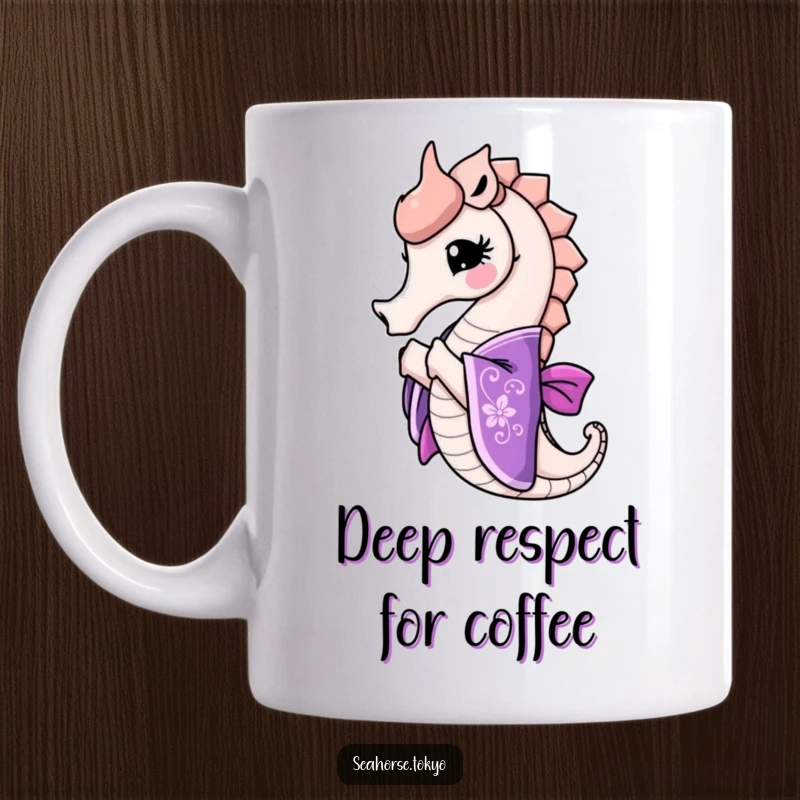 Funny seahorse in an ornate purple kimono bowing gracefully, exuding elegance and subtle humor in this mug design.