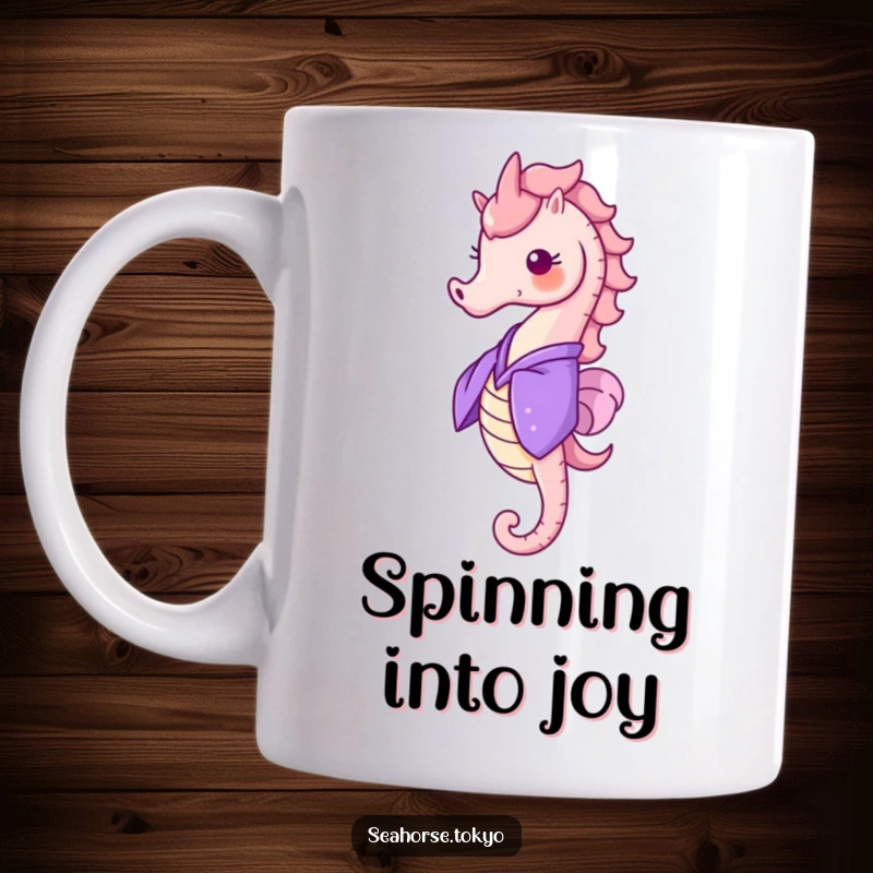 Funny Mug featuring a cheerful seahorse in a purple kimono, joyfully doing a little happy spin.