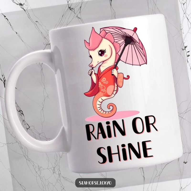 Funny Mug featuring a graceful seahorse wearing a red kimono, elegantly holding a tiny umbrella.