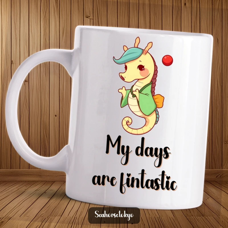 Funny seahorse in a green kimono joyfully tossing a red ball, bringing laughter and aquatic charm to your mug.