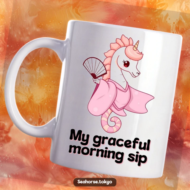 A cute seahorse in a flowing pink kimono gracefully balancing a delicate fan on a mug, exuding charm and elegance.