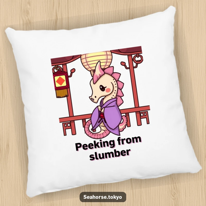Funny Pillow featuring a seahorse in a purple kimono curiously peeking from behind a paper lantern, offering soft comfort and intrigue.