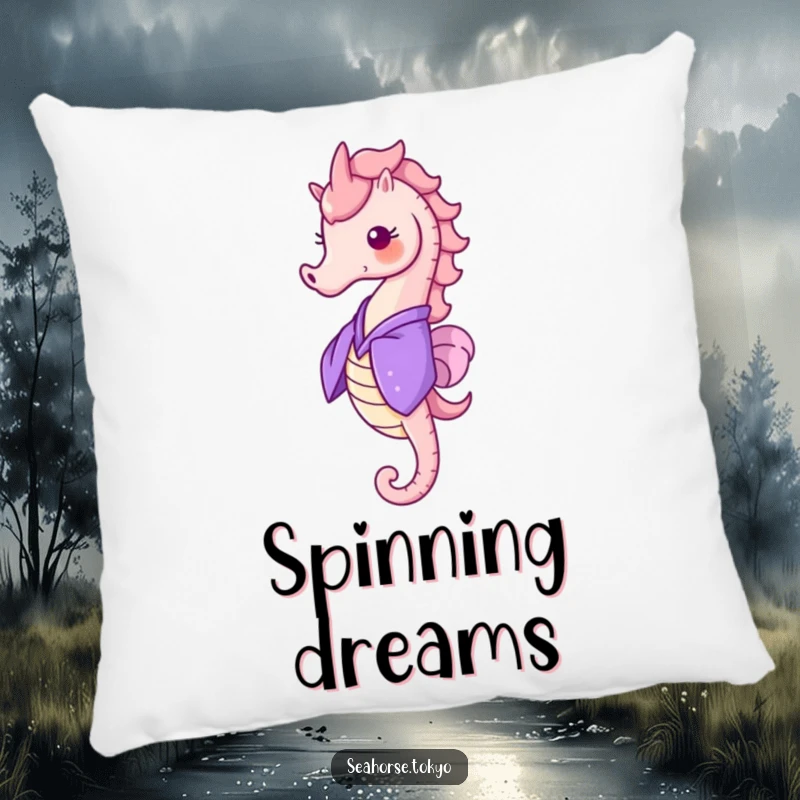 Funny Pillow featuring a cheerful seahorse in a purple kimono, doing a delightful happy spin, for comfort.