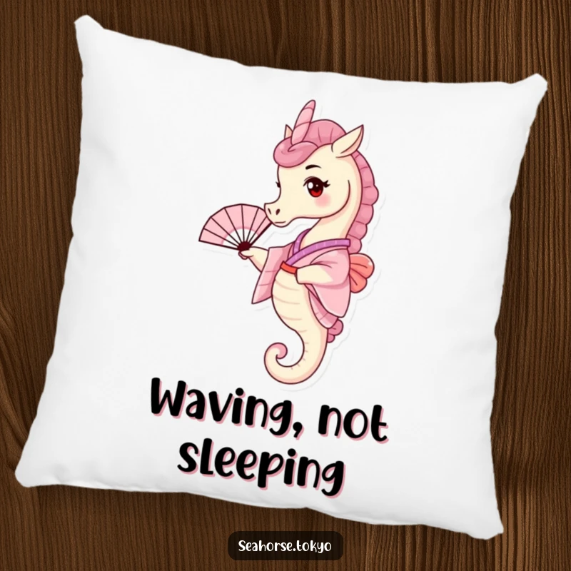 Funny Pillow featuring a tiny seahorse wearing a pink kimono, playfully waving a small fan, for comfort and decor.