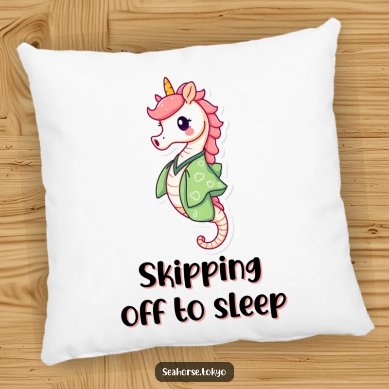 Funny Pillow featuring a happy seahorse in a green kimono skipping with delight, offering soft comfort and a cheerful accent.