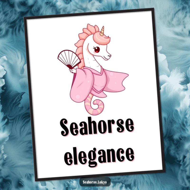 Cute digital art print of a seahorse in a pink kimono gracefully balancing a fan, perfect for creating an elegant and artistic ambiance.