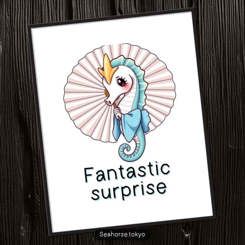 Funny digital art print of a seahorse in a blue kimono playfully peeking from behind a large fan, perfect for creating a whimsical and playful ambiance.