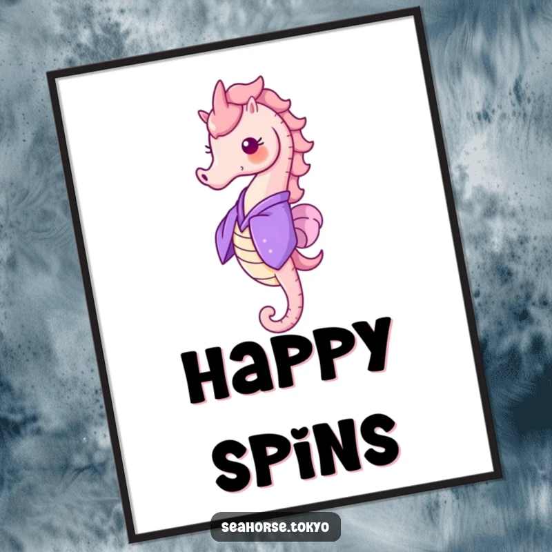 Funny Digital Art Print of a cheerful seahorse in a purple kimono, doing a little happy spin, for decor.