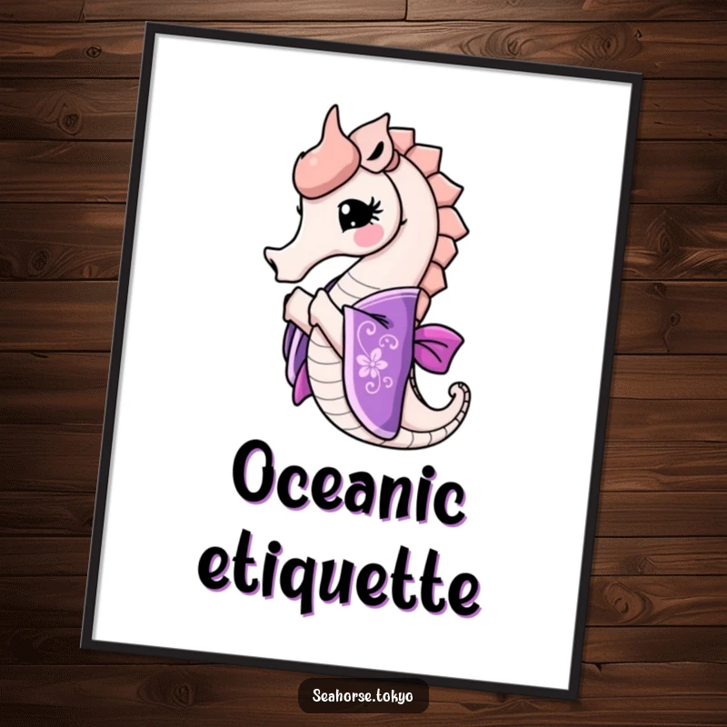 Funny seahorse in an ornate purple kimono bowing gracefully, available as a downloadable elegant art print.