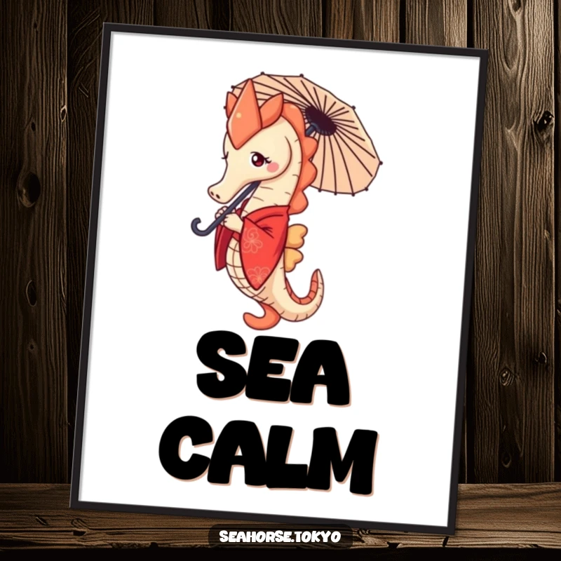 Funny seahorse in a red kimono, holding a tiny parasol, determined look, digital art for printing.