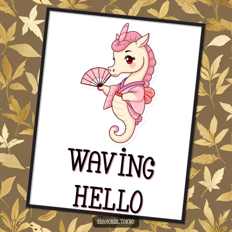 Funny Digital Art Print of a tiny seahorse in a pink kimono, playfully waving a small fan, for virtual decor.