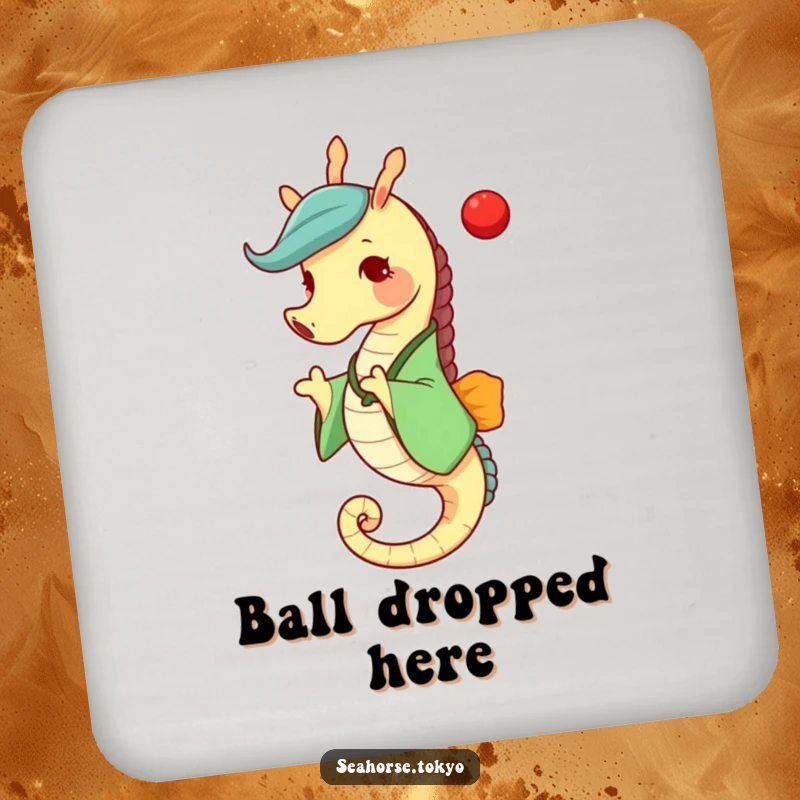 Funny seahorse in a green kimono joyfully tossing a red ball, protecting surfaces with a humorous design.