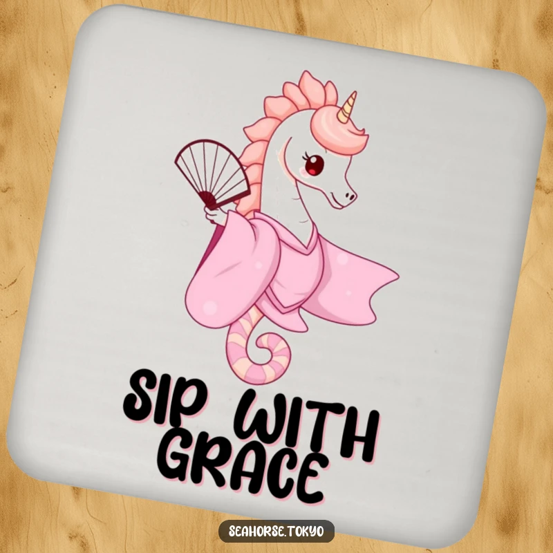 An elegant set of drink coasters featuring a cute seahorse in a pink kimono gracefully balancing a fan, providing stylish protection for surfaces.