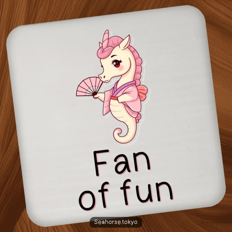 Funny Coaster with a tiny seahorse in a pink kimono, playfully waving a small fan, protecting surfaces.