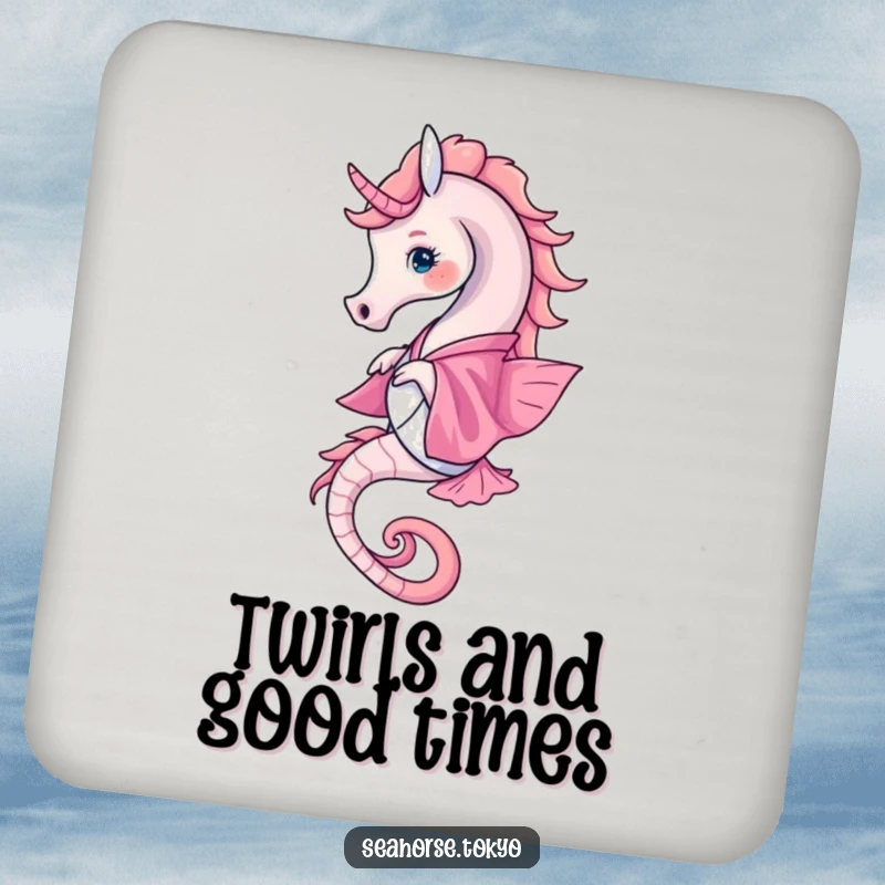 Funny Drink Coasters showcasing a seahorse in a pink kimono twirling, adding a touch of playful sophistication.