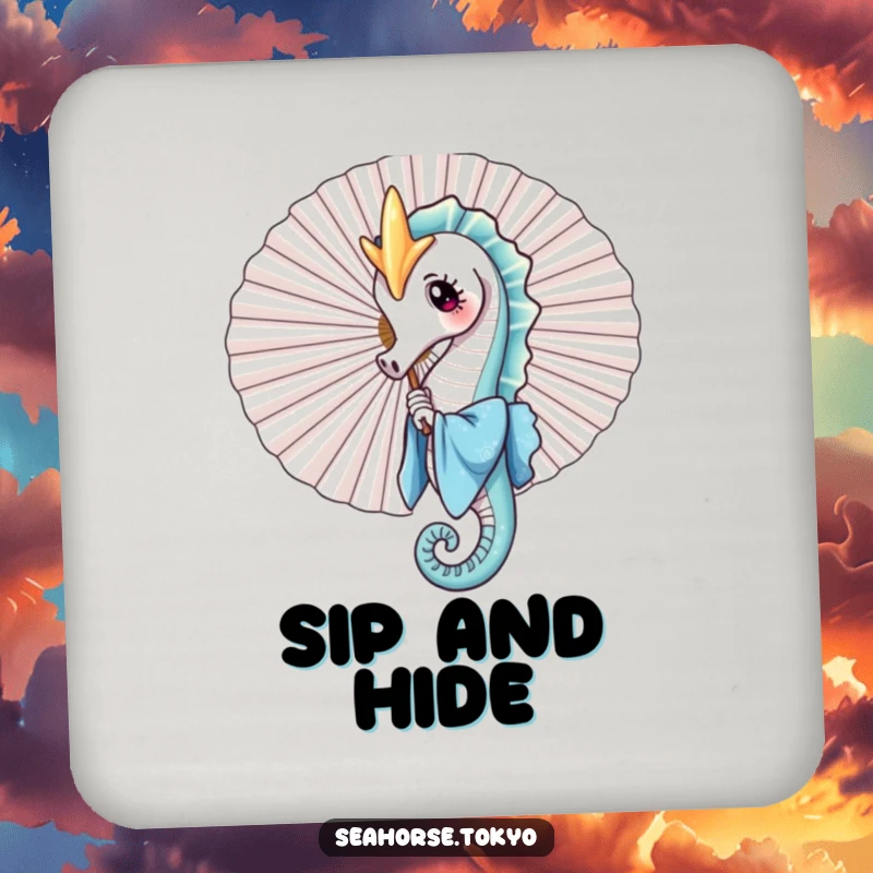 A funny set of drink coasters featuring a seahorse in a blue kimono playfully peeking from behind a large fan, providing stylish protection.