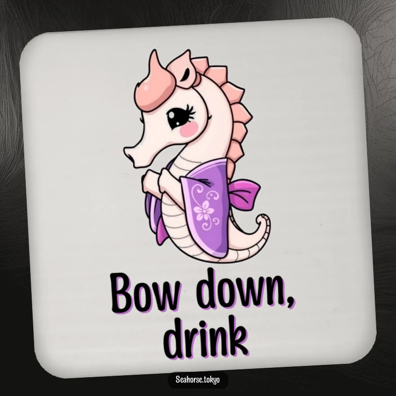 Funny seahorse in an ornate purple kimono bowing gracefully, protecting surfaces with elegant humor.