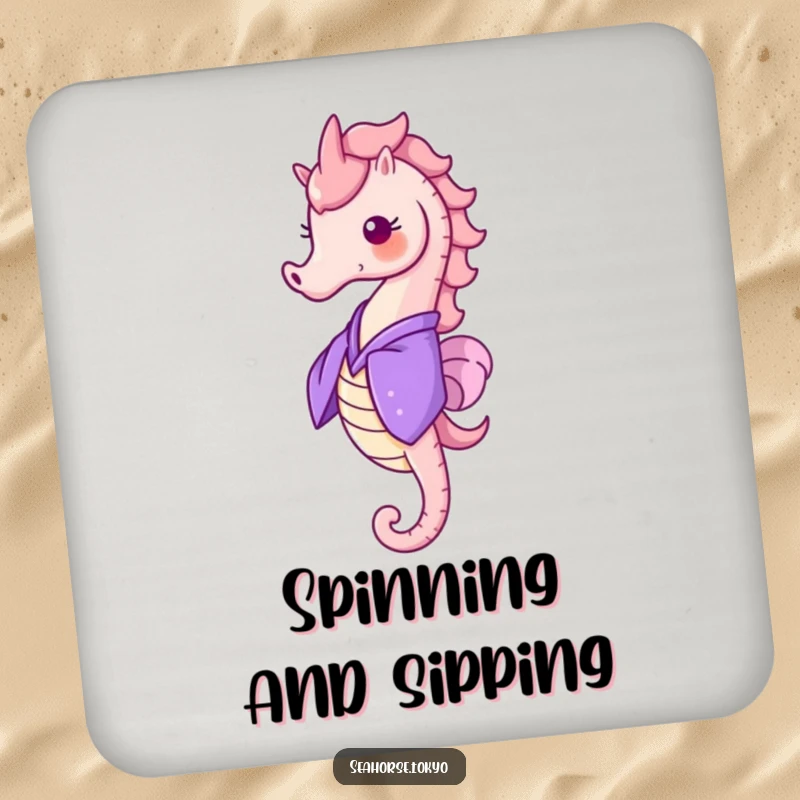 Funny Coaster with a cheerful seahorse in a purple kimono, doing a little happy spin, for drink protection.