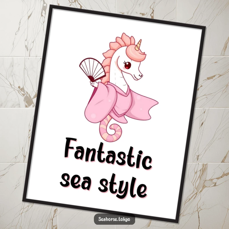 An elegant poster of a cute seahorse in a flowing pink kimono gracefully balancing a fan, ideal for creating a chic and artistic ambiance.