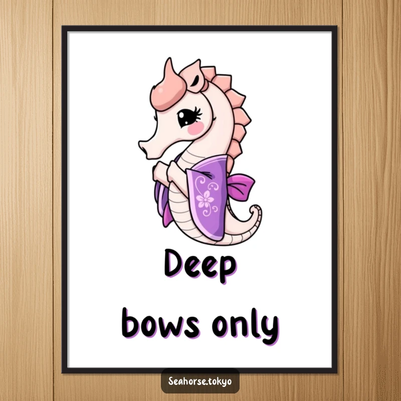 Funny seahorse in an ornate purple kimono bowing gracefully, creating elegant and humorous wall art.