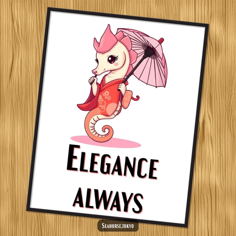 Funny Poster of a graceful seahorse in a red kimono, elegantly holding a tiny umbrella, for wall decor.