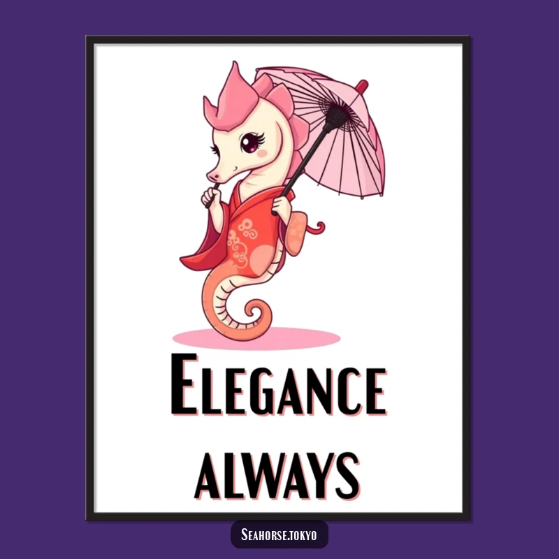 Funny Graceful Seahorse Kimono Poster, a Wall Art Gift Holding Umbrella
