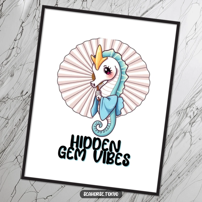A funny poster of a seahorse in a blue kimono playfully peeking from behind a large fan, ideal for creating a whimsical and fun ambiance.