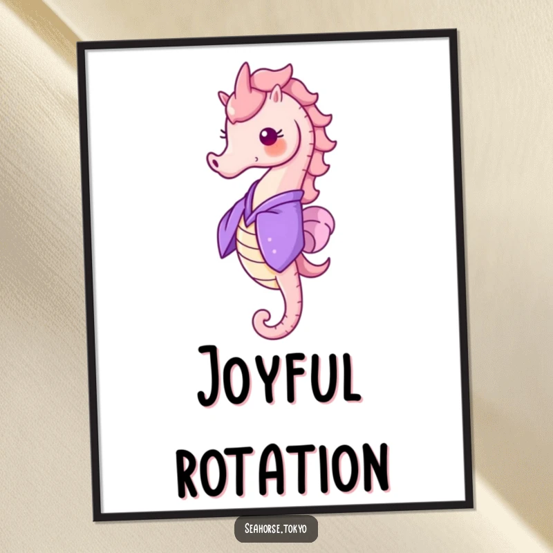 Funny Poster of a cheerful seahorse in a purple kimono, captured mid-happy spin, bringing joy.