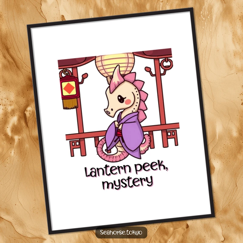 Funny Poster depicting a seahorse in a purple kimono curiously peeking from behind a paper lantern, adding an element of wonder.