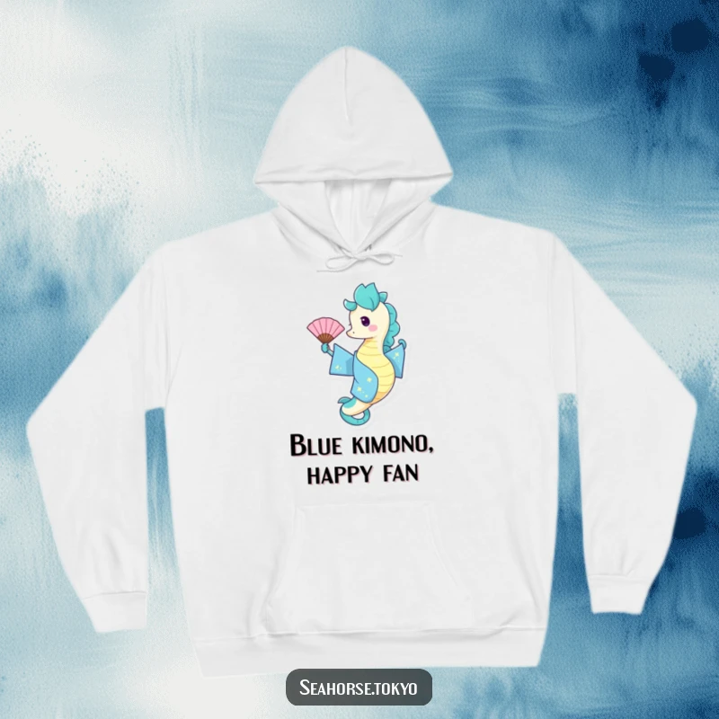 Funny Hoodie featuring a seahorse in a blue kimono playfully waving a fan, offering comfort and a cheerful vibe.