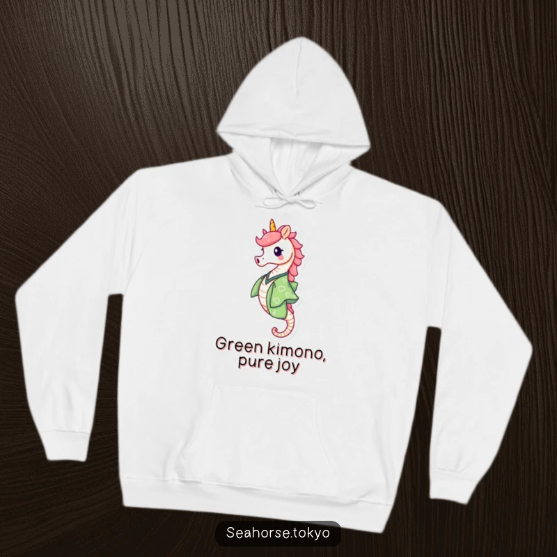 Funny Hoodie showcasing a happy seahorse in a green kimono skipping with delight, offering warmth and a cheerful vibe.