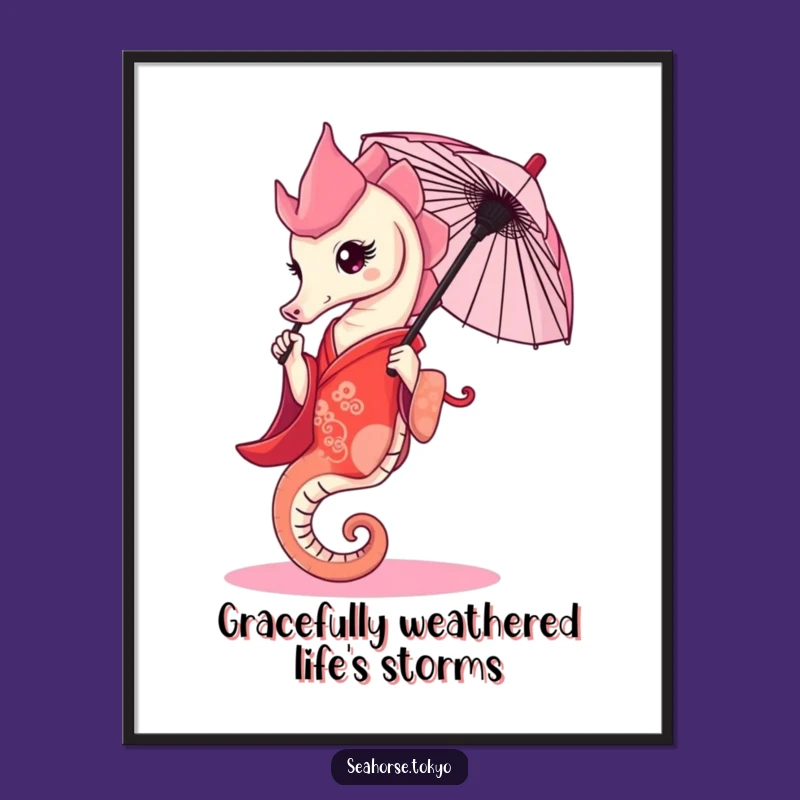 Free Printable Wall Art: Graceful Seahorse in Red Kimono with Umbrella Decor
