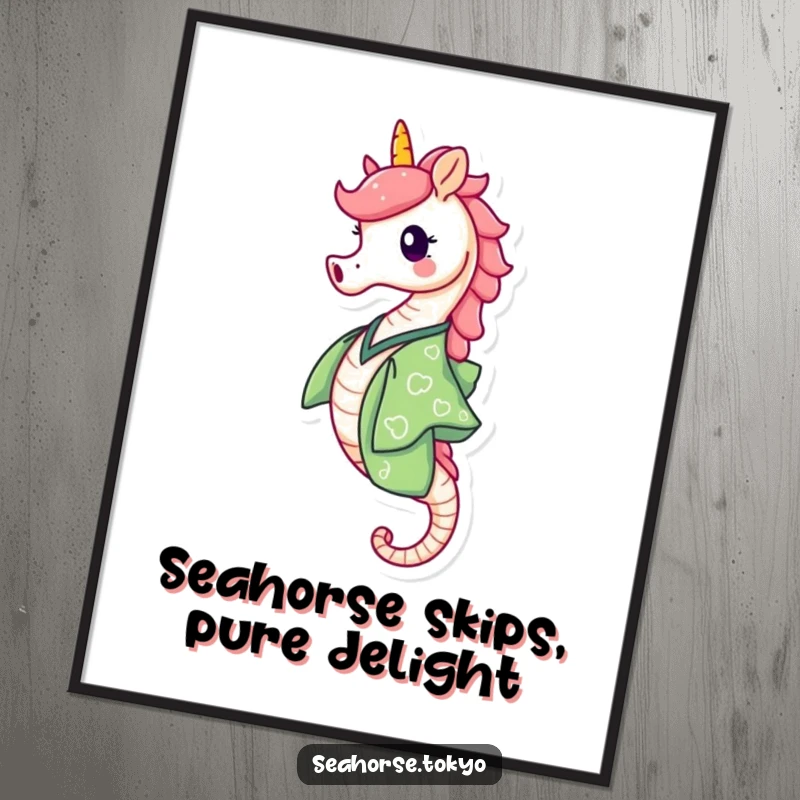 Free Printable Wall Art: a happy seahorse adorned in a green kimono, joyfully skipping through the ocean.