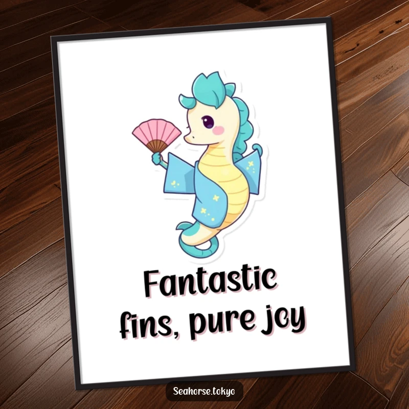 Free Printable Wall Art: a joyful seahorse in a blue kimono enthusiastically waving a fan, radiating happiness.