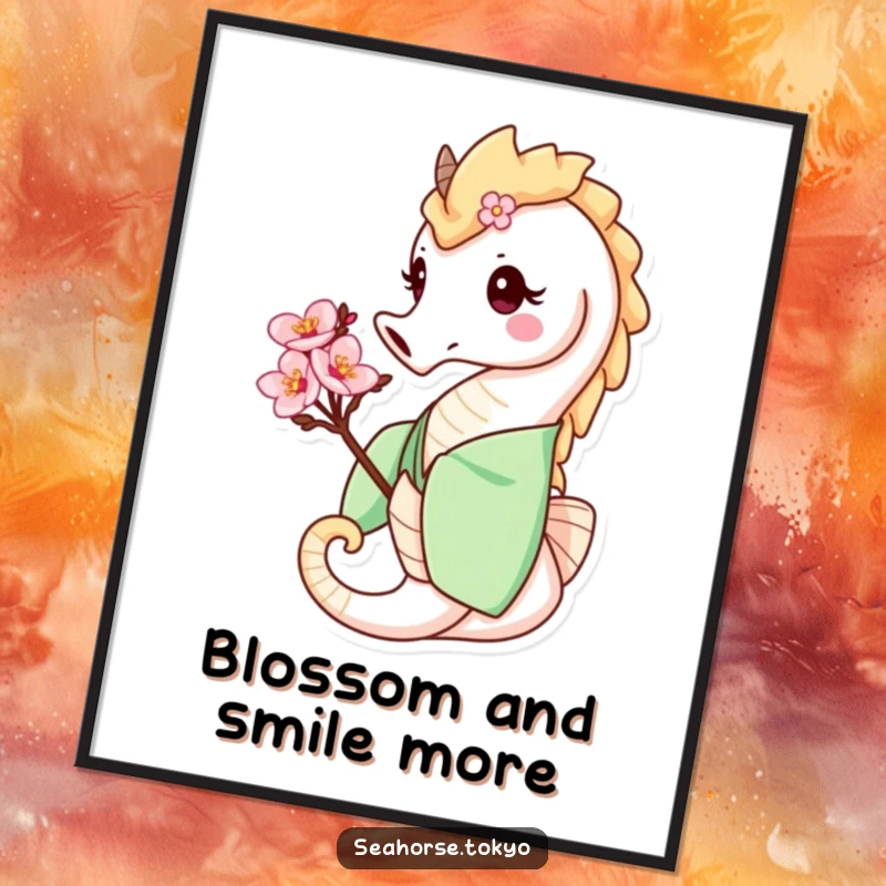 Funny Free Printable Wall Art: Smiling seahorse in a green kimono holding a delicate cherry blossom, a charming decorative piece.