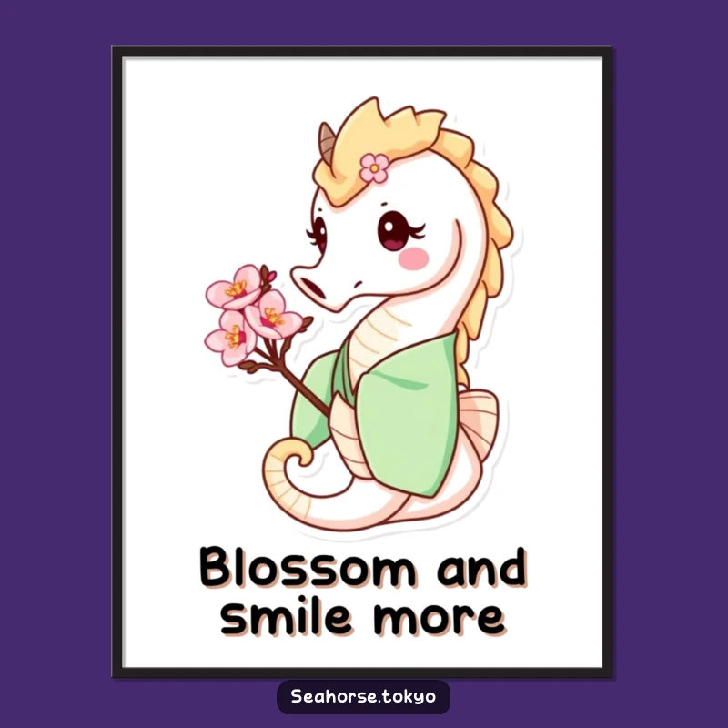 Free Printable Wall Art: Seahorse in Green Kimono with Cherry Blossom Decor