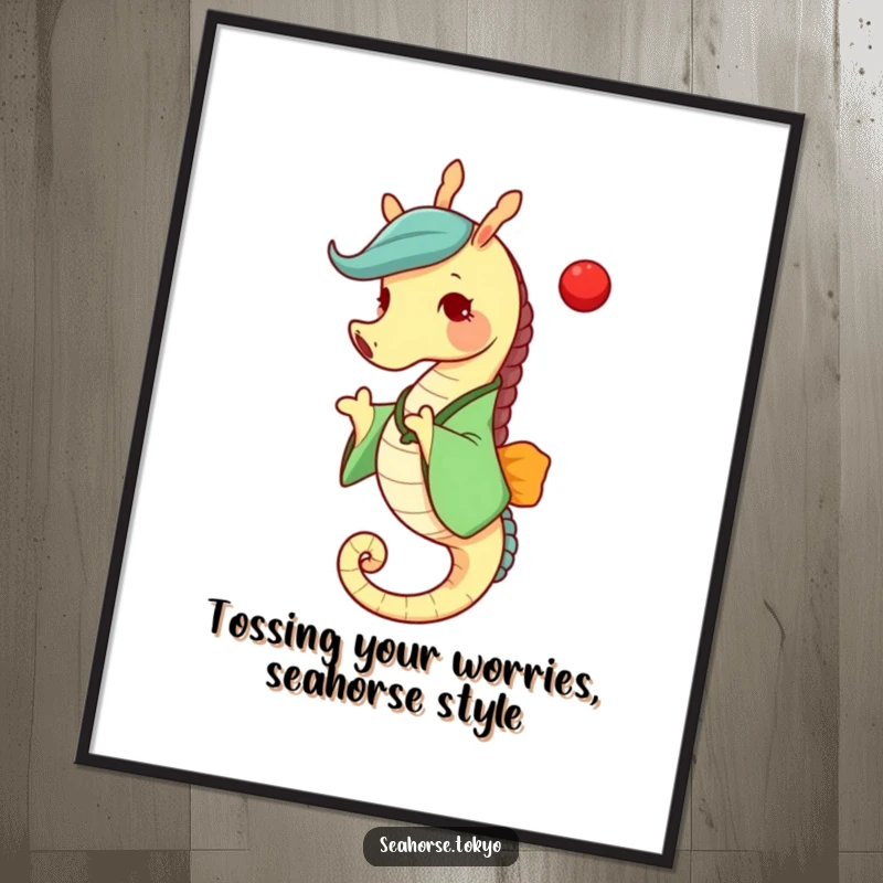 Funny Free Printable Wall Art: A cheerful seahorse in a green kimono joyfully tossing a small red ball, bringing smiles.