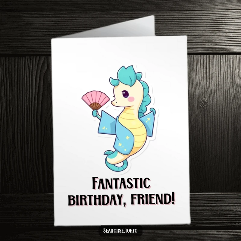 Free Printable Birthday Card: a joyful seahorse in a blue kimono energetically waving a fan, celebrating merrily.