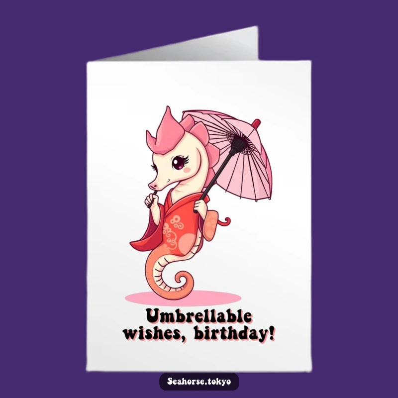 Free Printable Birthday Card: Graceful Seahorse in Red Kimono & Umbrella