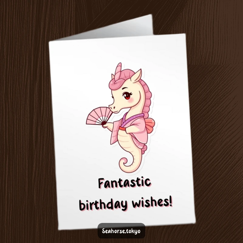 Funny Free Printable Birthday Card: Tiny seahorse in pink kimono, playfully waving a fan for a cheerful birthday greeting.