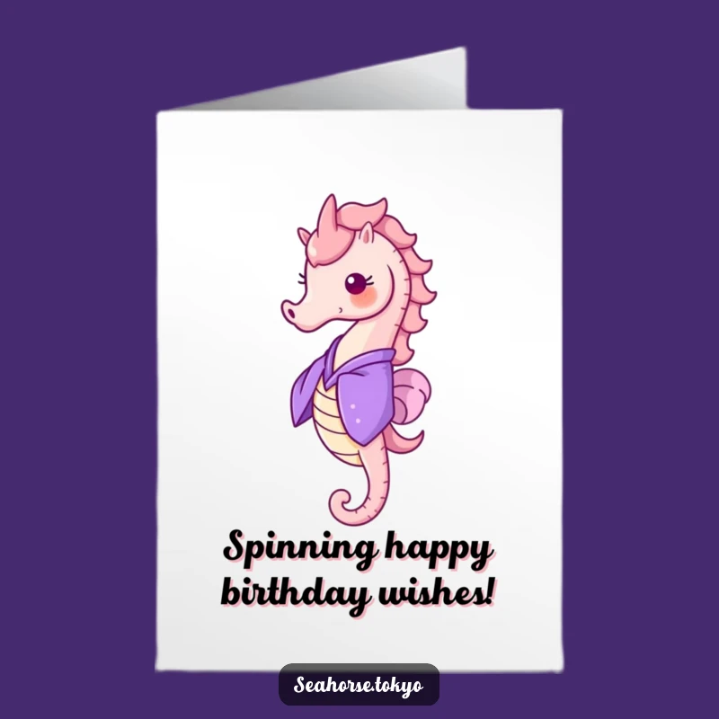 Free Printable Birthday Card: Cheerful Seahorse in Purple Kimono Spins with Joy