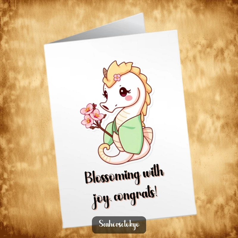 Funny Free Printable Congratulations Card: Seahorse in green kimono holding a cherry blossom, symbolizing growth and success.